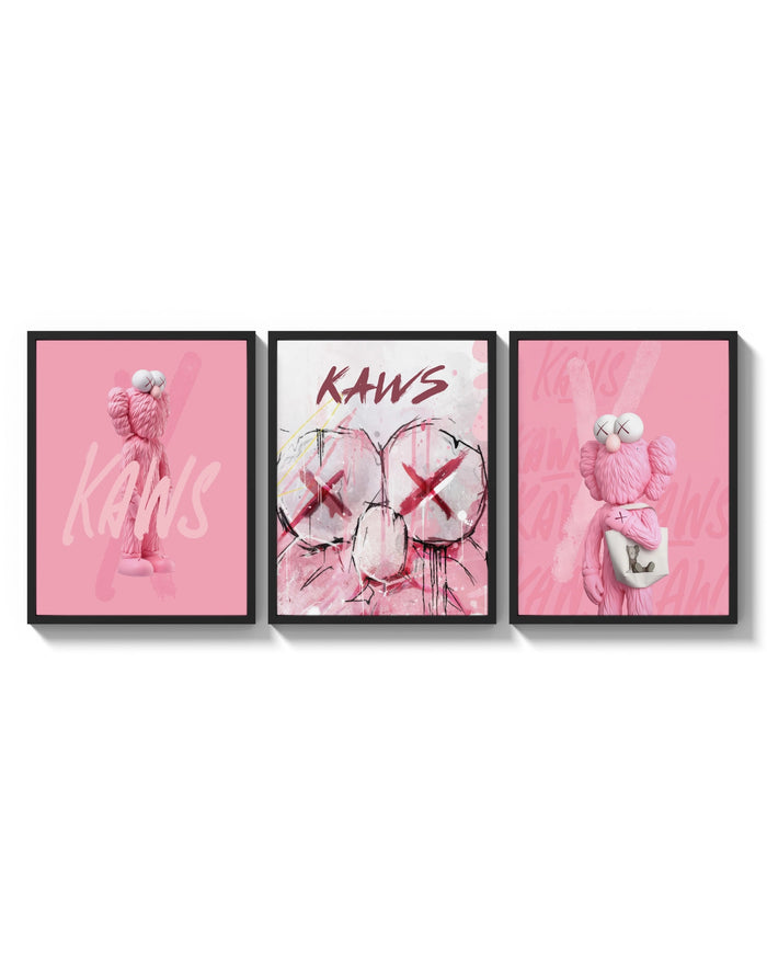 Bubblegum Pink KAWS XX triptych arranged on a bright gallery wall