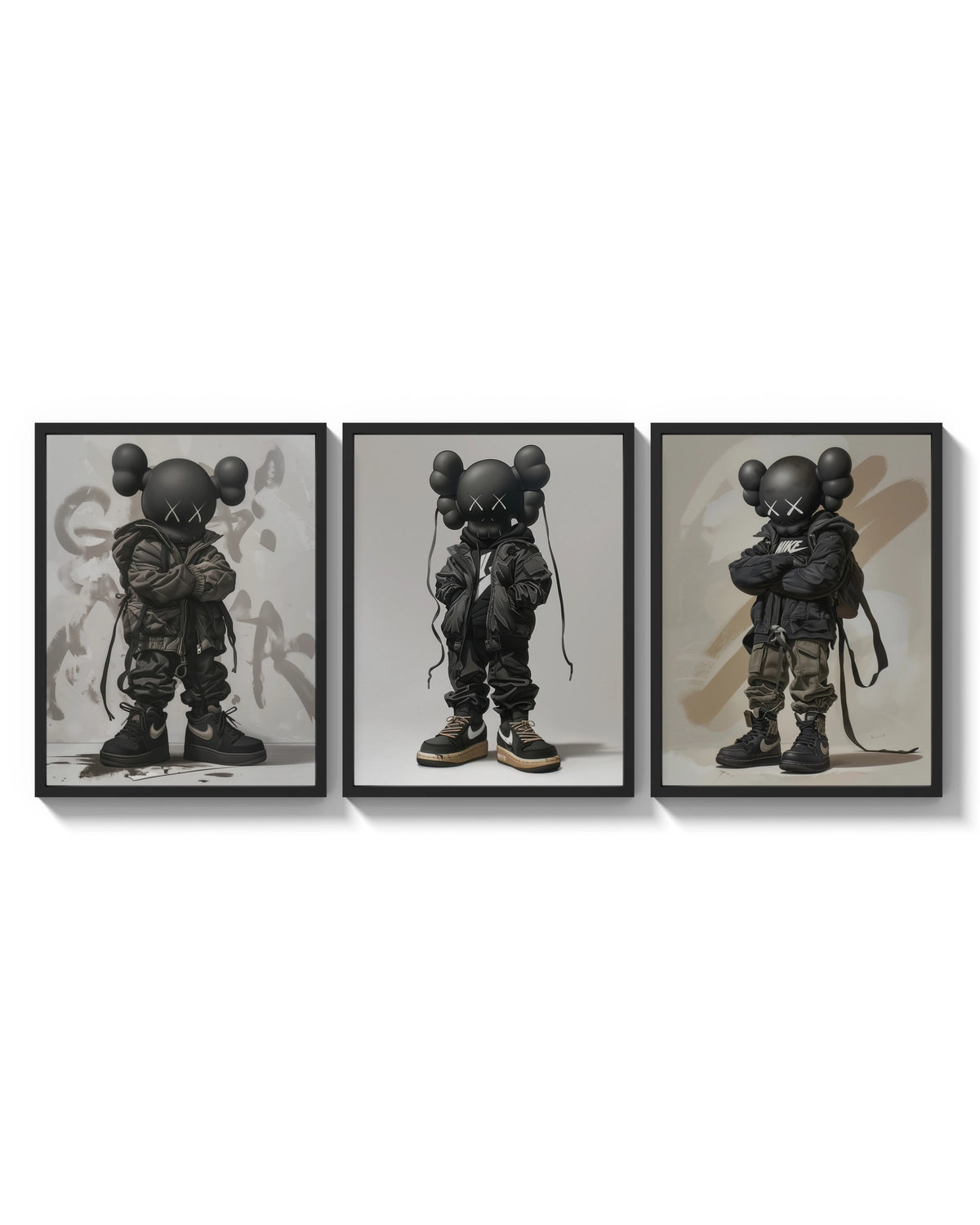 KAWS Nike Street triptych arranged on a bright gallery wall