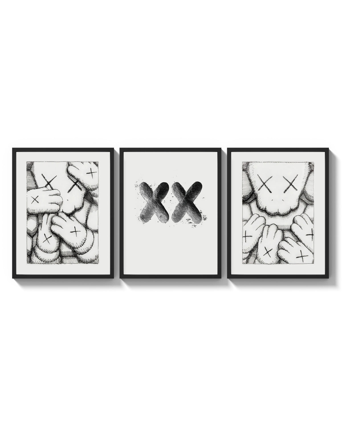 KAWS XX Outline Sketch triptych arranged on a bright gallery wall