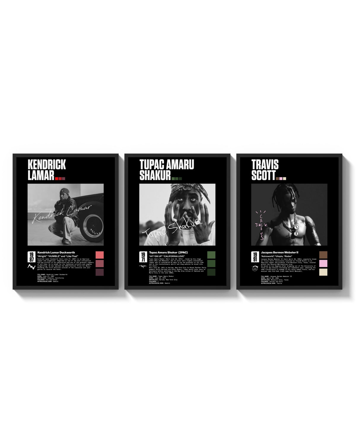 Hip Hop Legends Kendrick, Tupac, Travis Scott triptych arranged on a bright gallery wall