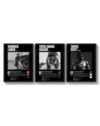 Hip Hop Legends Kendrick, Tupac, Travis Scott triptych arranged on a bright gallery wall