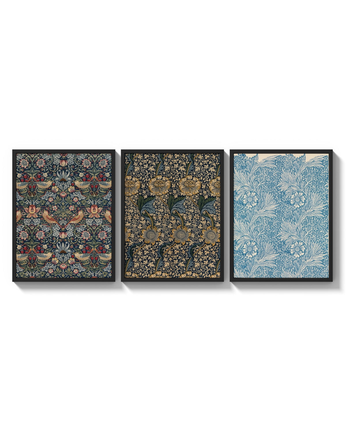 William Morris Indigo three-panel set arranged as a triptych on a bright gallery wall