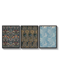William Morris Indigo three-panel set arranged as a triptych on a bright gallery wall