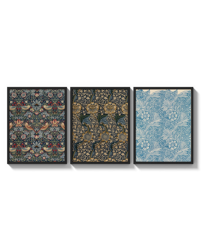 William Morris Indigo triptych arranged on a bright gallery wall