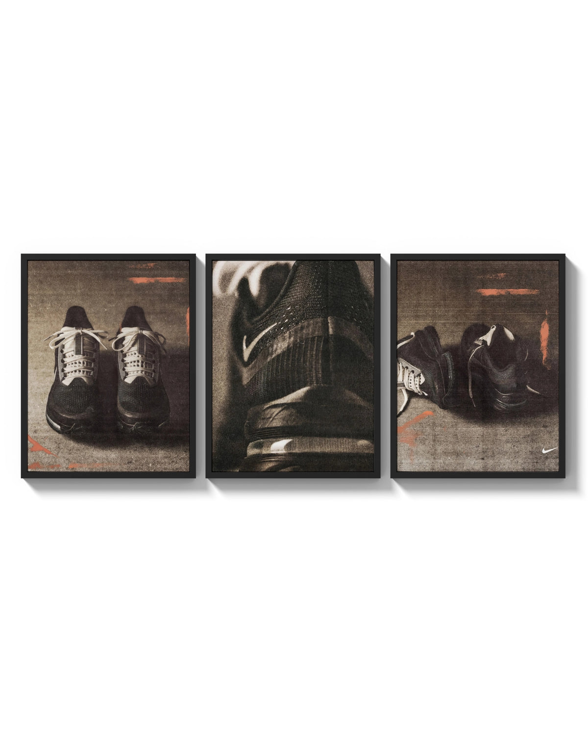 Nike Running Shoes triptych arranged on a bright gallery wall