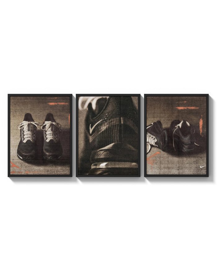 Nike Running Shoes triptych arranged on a bright gallery wall