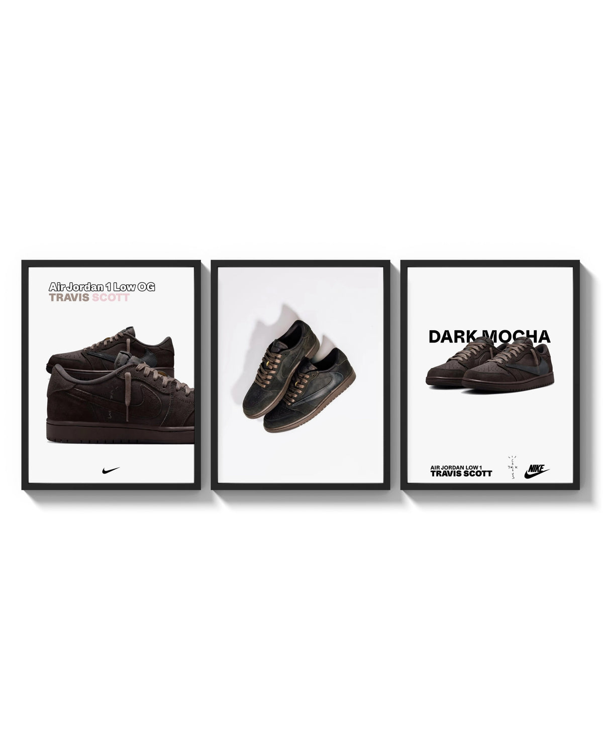 Air Jordan 1 Low Travis Scott triptych arranged on a bright gallery wall