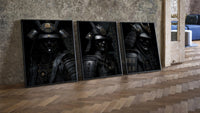 Japanese Warrior framed poster set of 3 three-piece set leaning on parquet beside a vintage loft door