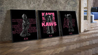 Neon Pink Noir KAWS XX three-piece set leaning on parquet beside a vintage loft door