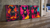 KAWS Chromatic Graffiti three-piece set leaning on parquet beside a vintage loft door