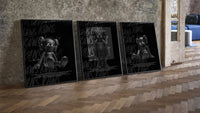 Hypebeast 8 Ball Graffiti framed poster set of 3 three-piece set leaning on parquet beside a vintage loft door