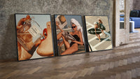 Luxury Lifestyle framed poster set of 3 three-piece set leaning on parquet beside a vintage loft door