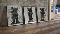 KAWS Nike Street three-piece set leaning on parquet beside a vintage loft door