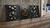 KAWS LV Gold Vault three-piece set leaning on parquet beside a vintage loft door