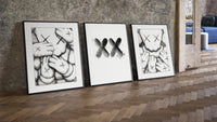 KAWS XX Outline Sketch three-piece set leaning on parquet beside a vintage loft door