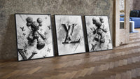 KAWS LV Monochrome Splash XX three-piece set leaning on parquet beside a vintage loft door