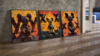 KAWS LV Inferno three-piece set leaning on parquet beside a vintage loft door