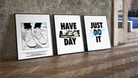 Nike "Have a Nice Day" three-piece set leaning on parquet beside a vintage loft door