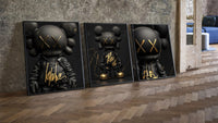 KAWS Black Label XX three-piece set leaning on parquet beside a vintage loft door