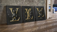KAWS LV Feat. XX three-piece set leaning on parquet beside a vintage loft door