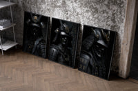 Japanese Warrior framed poster set of 3 set of three black-framed prints leaning against a raw-plaster wall
