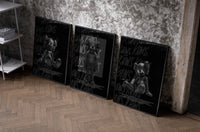 Hypebeast 8 Ball Graffiti framed poster set of 3 set of three black-framed prints leaning against a raw-plaster wall