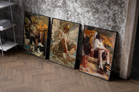 Nike Renaissance Angel set of three black-framed prints leaning against a raw-plaster wall