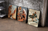 Luxury Lifestyle framed poster set of 3 set of three black-framed prints leaning against a raw-plaster wall