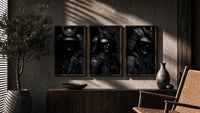 Japanese Warrior framed poster set of 3 triptych in three walnut frames above a sideboard in a warm room