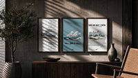 Nike Air Max 1 Patta framed poster set of 3 triptych in three walnut frames above a sideboard in a warm room