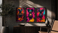 KAWS Chromatic Graffiti triptych in three walnut frames above a sideboard in a warm room