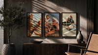 Luxury Lifestyle framed poster set of 3 triptych in three walnut frames above a sideboard in a warm room