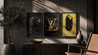 Louis Vuitton Pop Art triptych in three walnut frames above a sideboard in a warm room