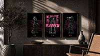 Neon Pink Noir KAWS XX triptych in three walnut frames above a sideboard in a warm room