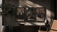 Nike Running Shoes triptych in three walnut frames above a sideboard in a warm room