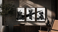 KAWS x Nike Monochrome Companion framed poster set of 3 triptych in three walnut frames above a sideboard in a warm room