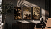 Leopard Print Still Life triptych in three walnut frames above a sideboard in a warm room