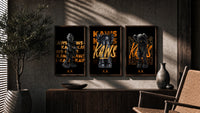 KAWS Signature Orange Edition triptych in three walnut frames above a sideboard in a warm room