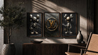 KAWS LV Gold Vault triptych in three walnut frames above a sideboard in a warm room