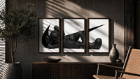KAWS Companion triptych in three walnut frames above a sideboard in a warm room