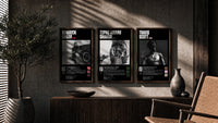 Hip Hop Legends Kendrick, Tupac, Travis Scott triptych in three walnut frames above a sideboard in a warm room