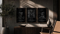 Hypebeast 8 Ball Graffiti framed poster set of 3 triptych in three walnut frames above a sideboard in a warm room