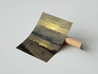 Rolled beach at sunset with silhouetted figures vintage art print poster beside its crush-resistant kraft shipping tube