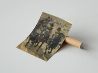 Rolled cavalry soldiers on horseback vintage art print poster beside its crush-resistant kraft shipping tube