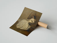 Rolled seated woman in white dress vintage art print poster beside its crush-resistant kraft shipping tube