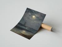 Rolled tall ship at sea under full moon vintage art print poster beside its crush-resistant kraft shipping tube