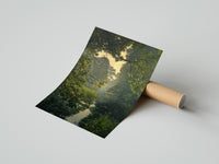 Rolled forest pond framed by overhanging branches vintage art print poster beside its crush-resistant kraft shipping tube