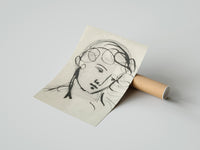 Rolled woman's head in flowing contour lines vintage art print poster beside its crush-resistant kraft shipping tube