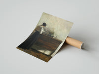 Rolled woman reading at a dresser in a quiet interior vintage art print poster beside its crush-resistant kraft shipping tube