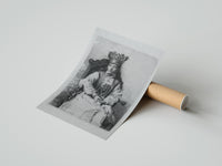 Rolled crowned queen seated portrait vintage art print poster beside its crush-resistant kraft shipping tube